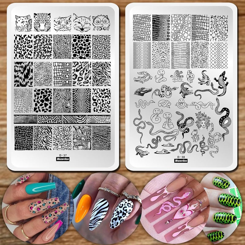 Mezerdoo Leopard Snake Nail Stamping Plate Stencils for Nail Art Reusable 2Pcs Large Size Nail Stamper Plates Templates Cat Crocodiles Stripes Line Print Nail Design Stamp Plate Stainless Steel Nail Art Tools - Image 1